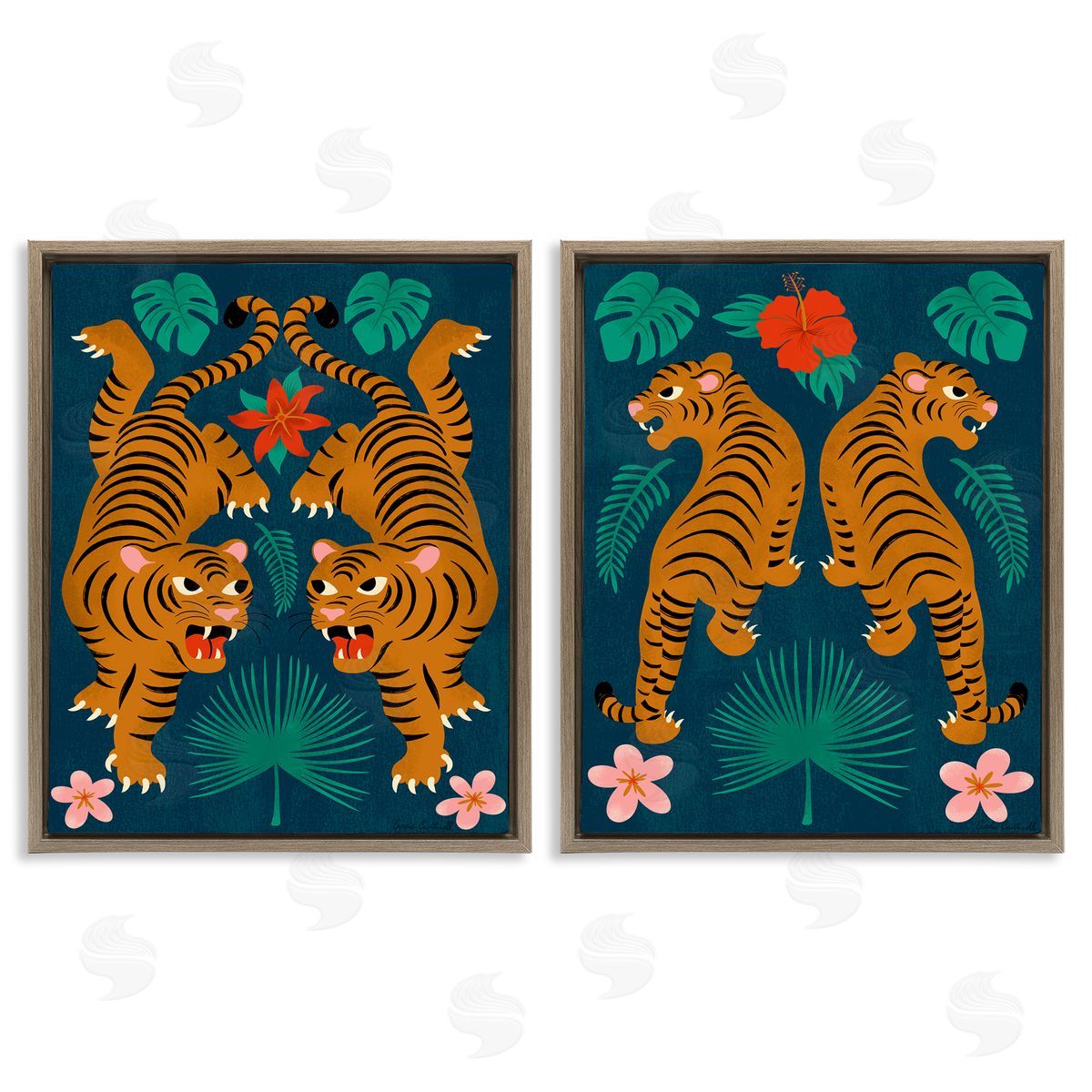 Carrie Cantwell Twin Jungle Tigers  Brown Floating Frame Canvas Wall Art Print