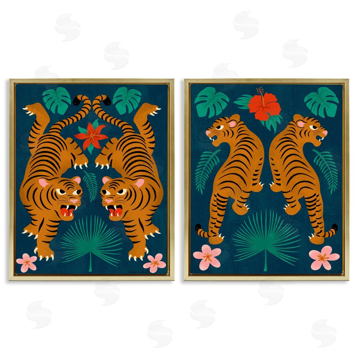 Carrie Cantwell Twin Jungle Tigers  Gold Floating Frame Canvas Wall Art Print