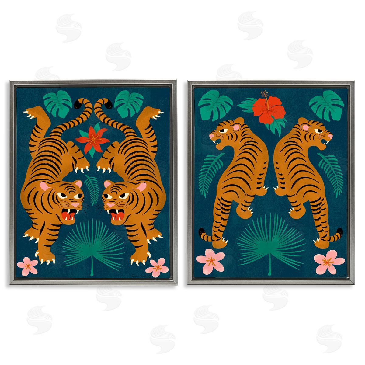 Carrie Cantwell Twin Jungle Tigers  Gray Floating Frame Canvas Wall Art Print