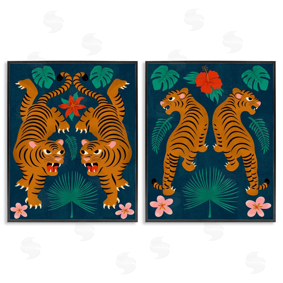 Carrie Cantwell Twin Jungle Tigers  Black Framed Giclee Wall Art Print