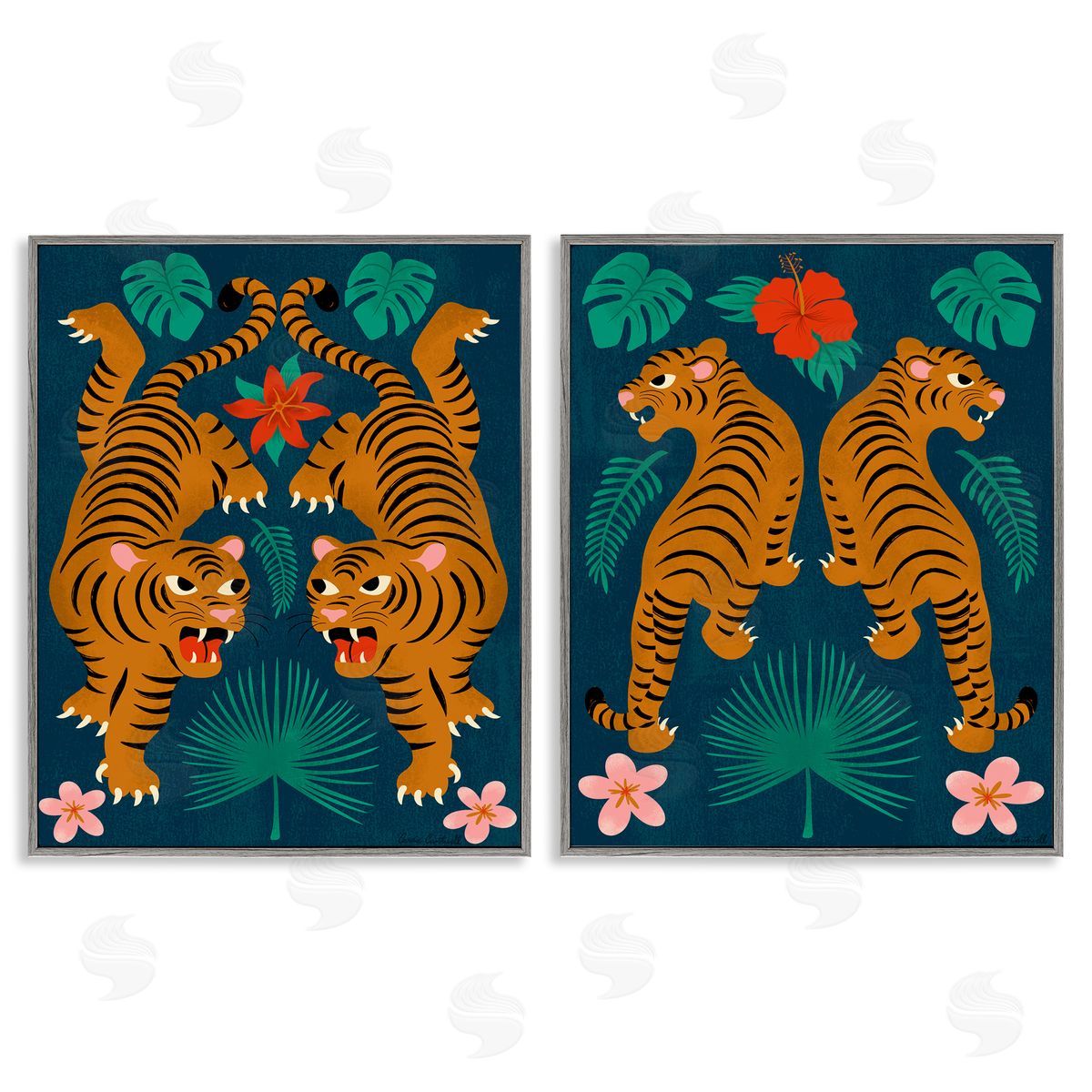 Carrie Cantwell Twin Jungle Tigers  Gray Framed Giclee Wall Art Print