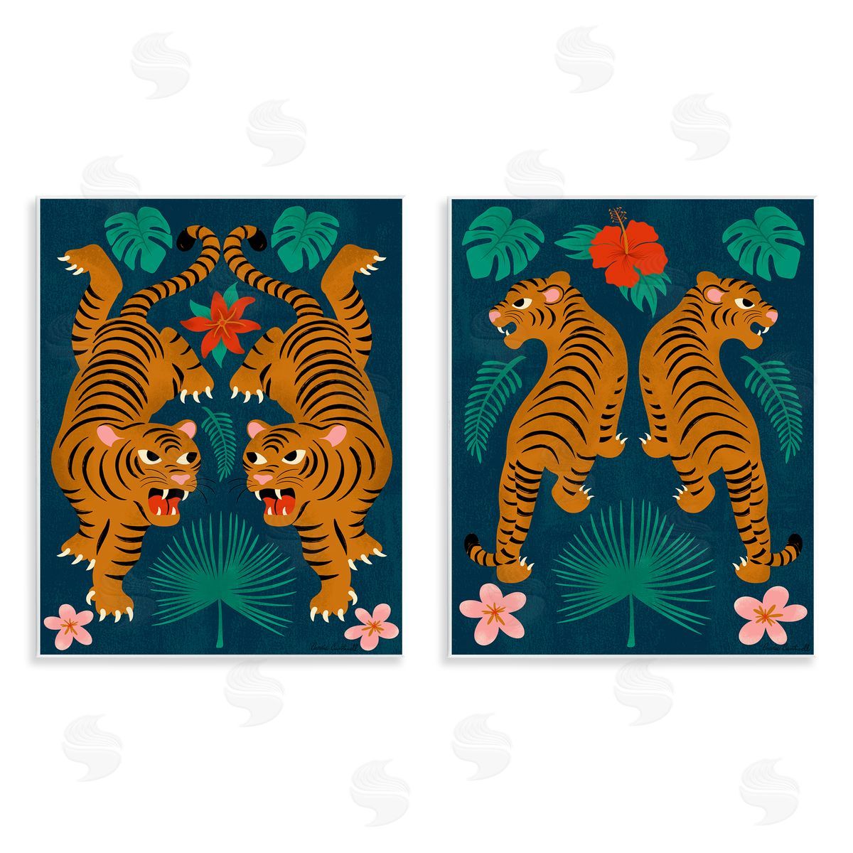 Carrie Cantwell Twin Jungle Tigers  Wooden Wall Plaque Art Print