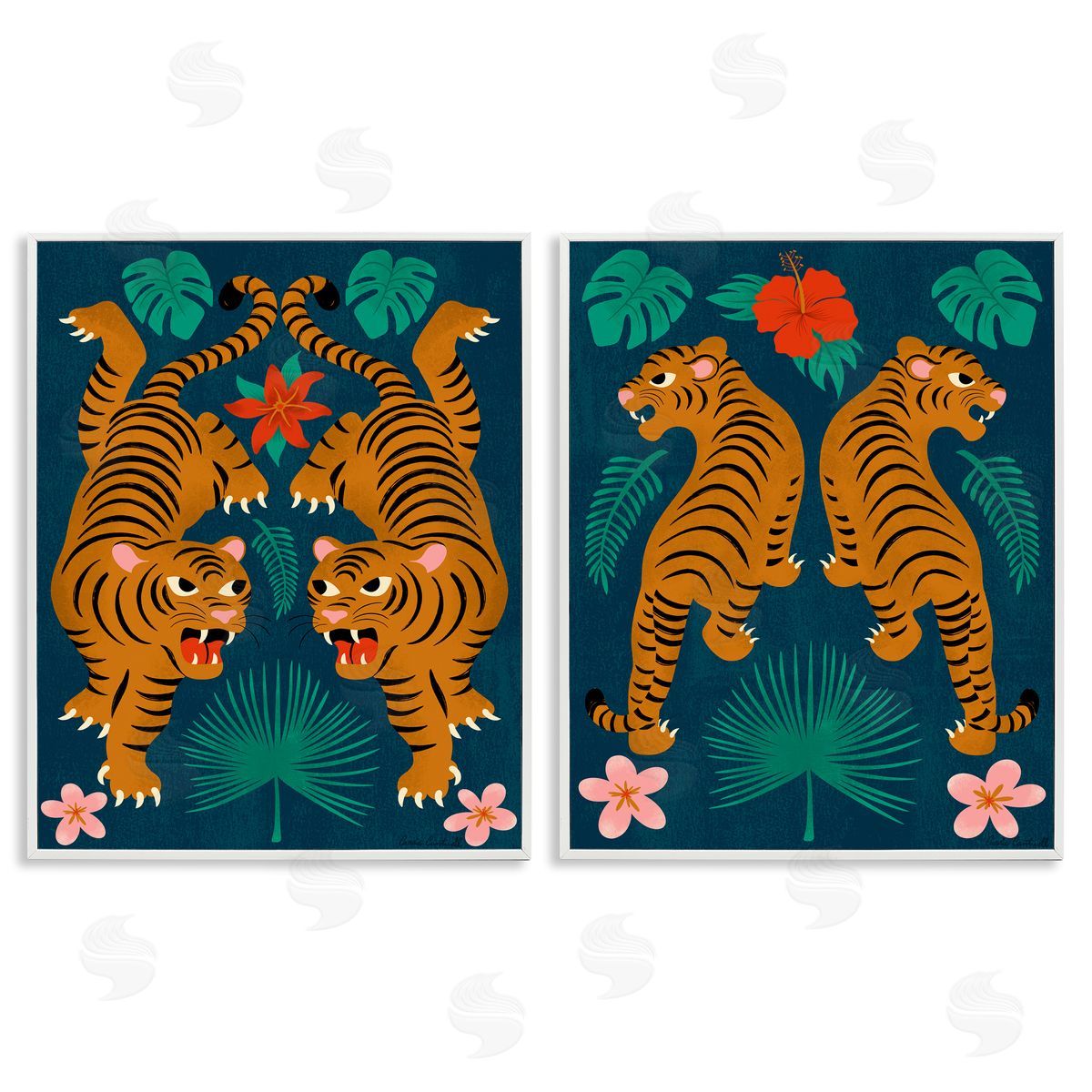 Carrie Cantwell Twin Jungle Tigers  White Framed Giclee Wall Art Print