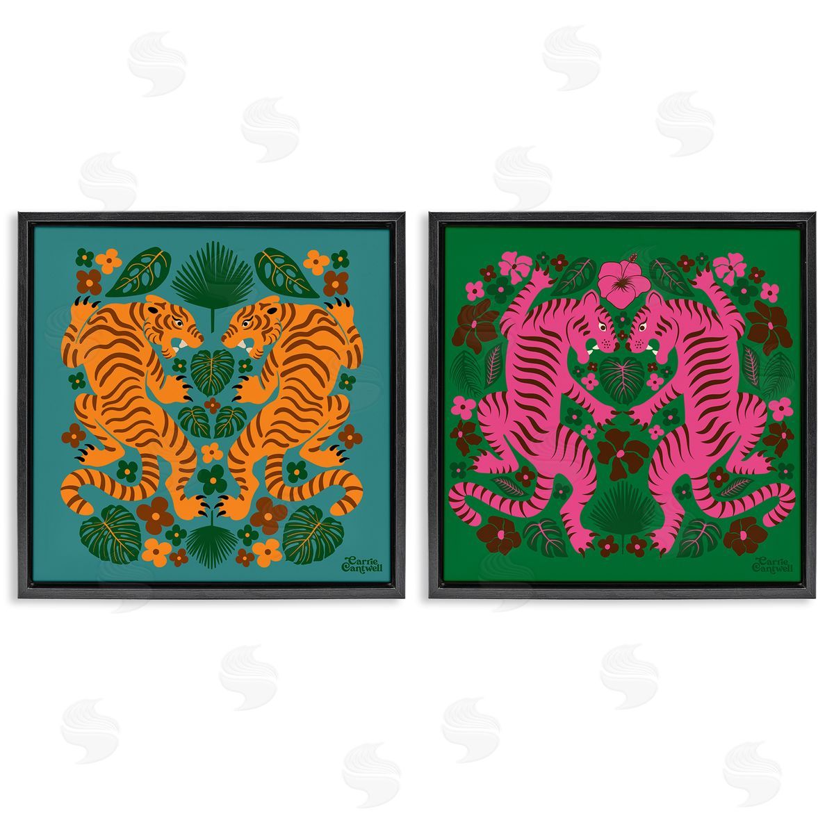 Carrie Cantwell Eclectic Twin Tigers Black Floating Frame Canvas Wall Art Print
