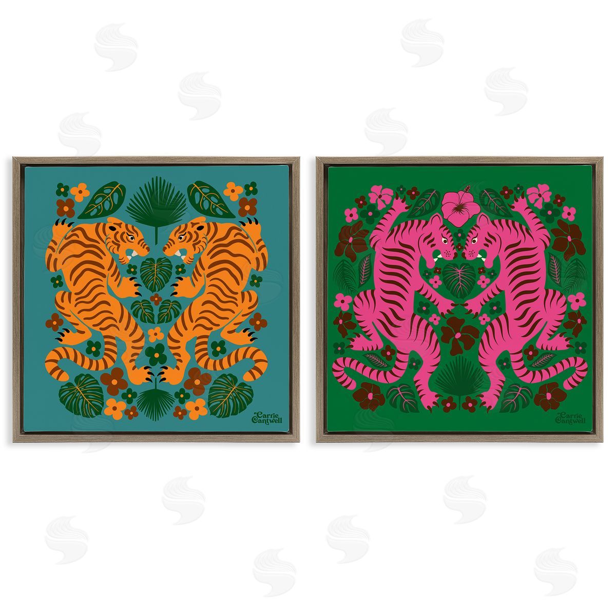 Carrie Cantwell Eclectic Twin Tigers Brown Floating Frame Canvas Wall Art Print
