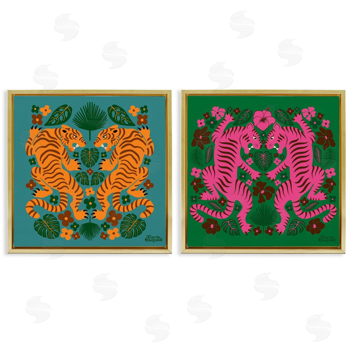 Carrie Cantwell Eclectic Twin Tigers Gold Floating Frame Canvas Wall Art Print