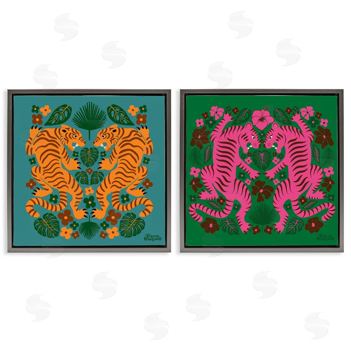 Carrie Cantwell Eclectic Twin Tigers Gray Floating Frame Canvas Wall Art Print