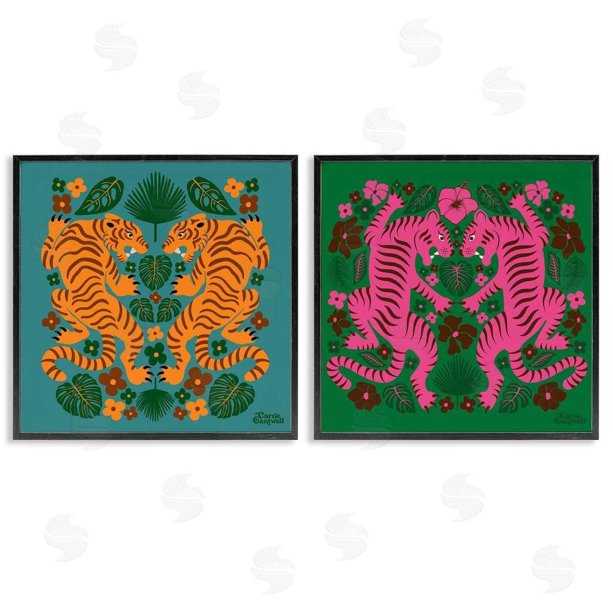 Carrie Cantwell Eclectic Twin Tigers Black Framed Giclee Wall Art Print