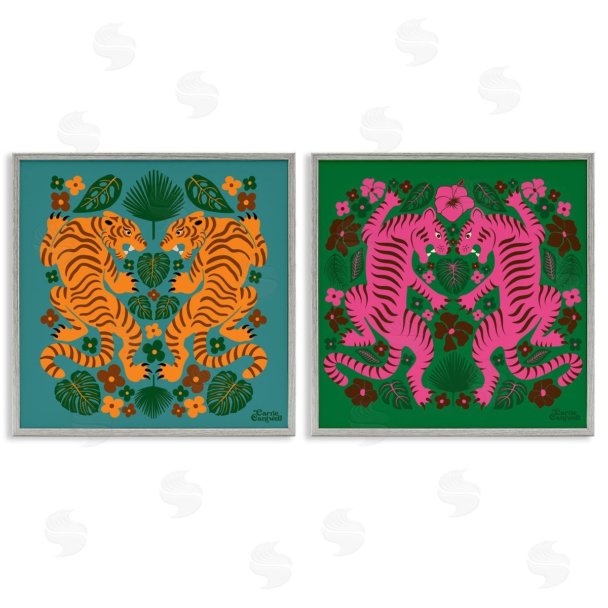 Carrie Cantwell Eclectic Twin Tigers Gray Framed Giclee Wall Art Print