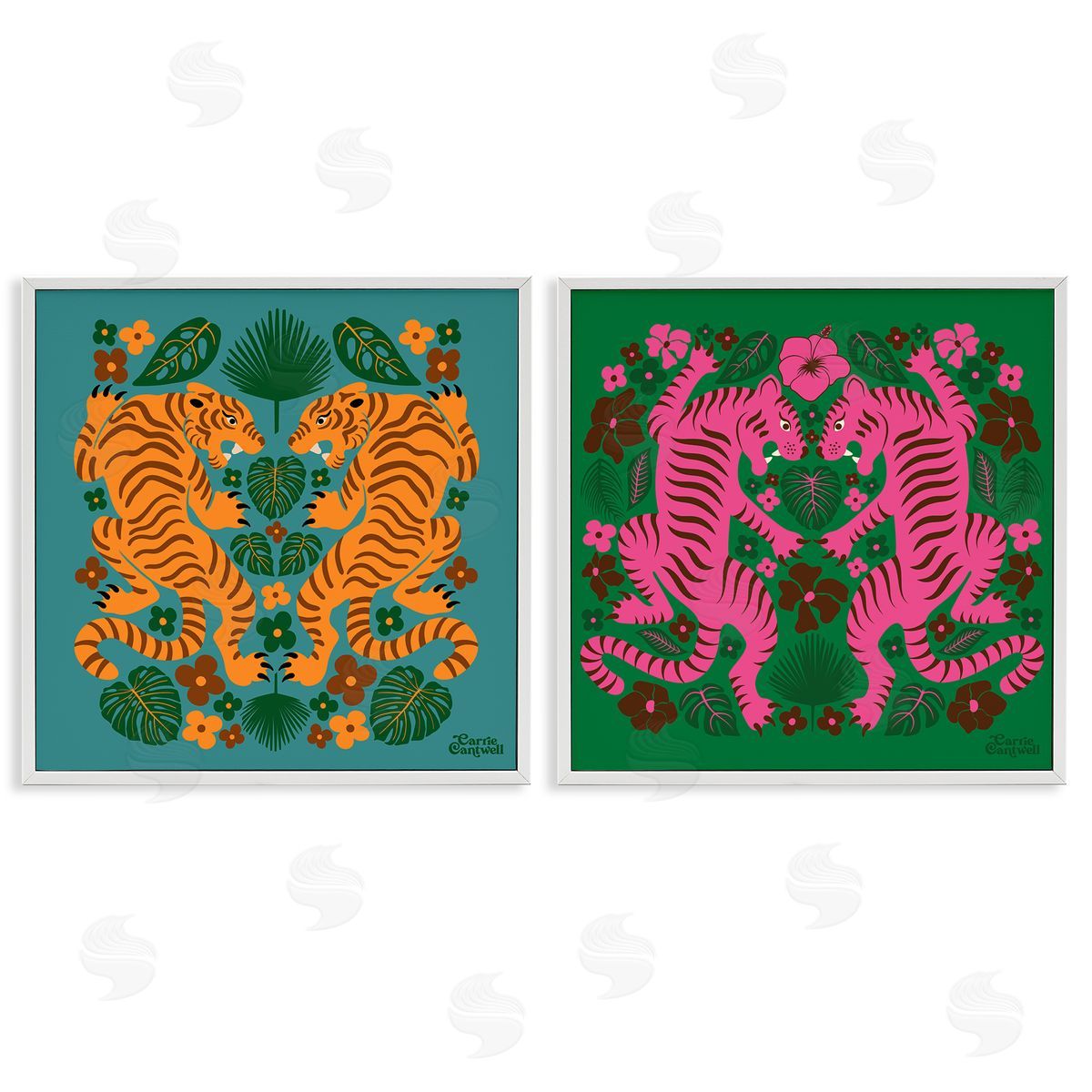 Carrie Cantwell Eclectic Twin Tigers White Framed Giclee Wall Art Print