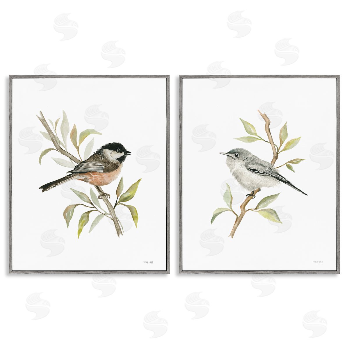 Cindy Jacobs Small Birds on Branches Gray Framed Giclee Wall Art Print