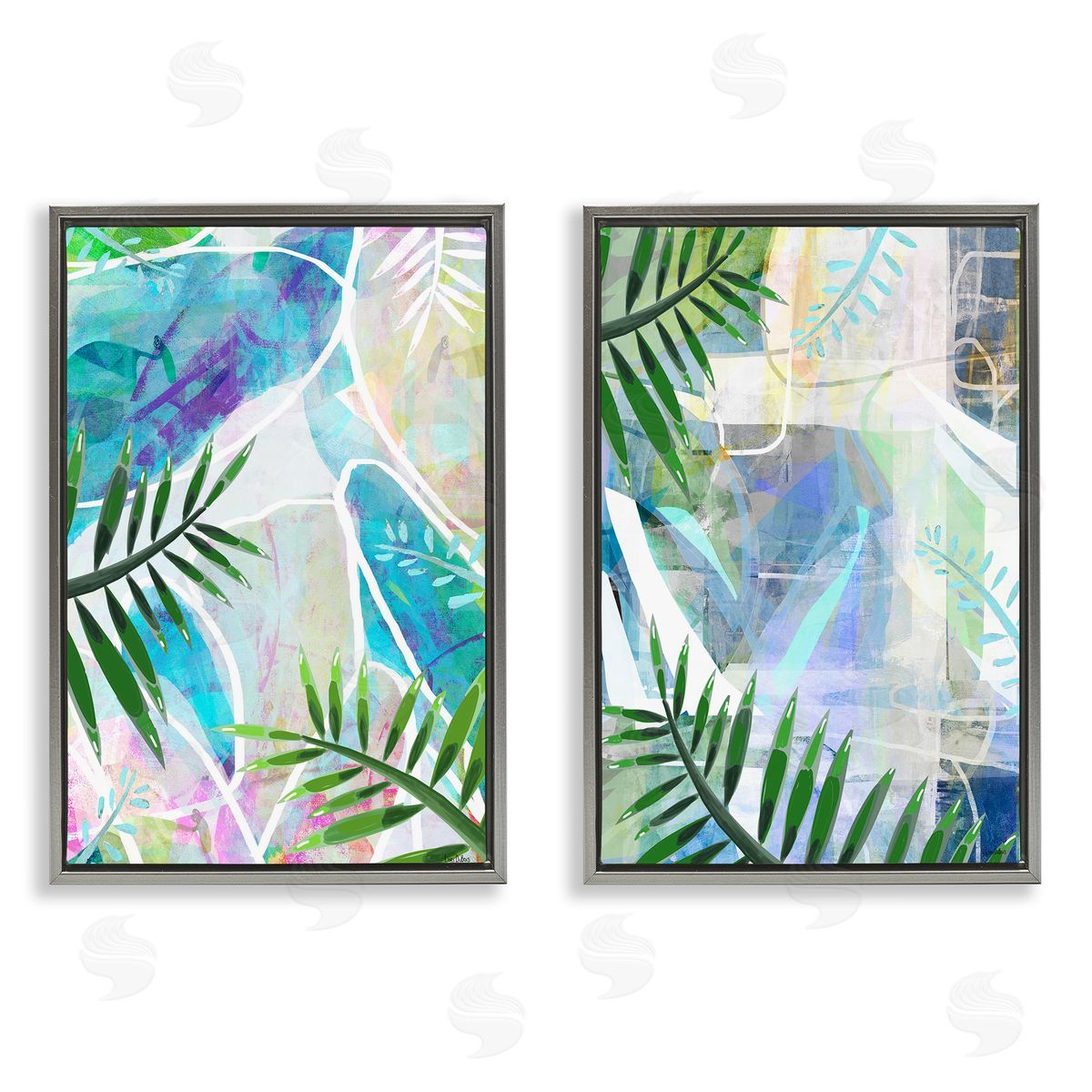 Lori Dubois Abstract Pastel Palm Shapes Gray Floating Frame Canvas Wall Art Print