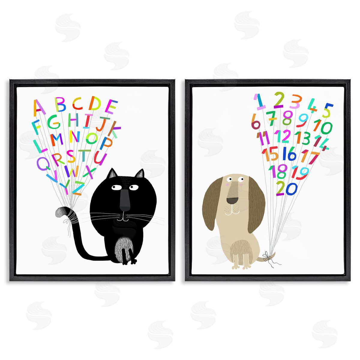Carla Daly Cat Dog Alphabet Numbers  Black Floating Frame Canvas Wall Art Print