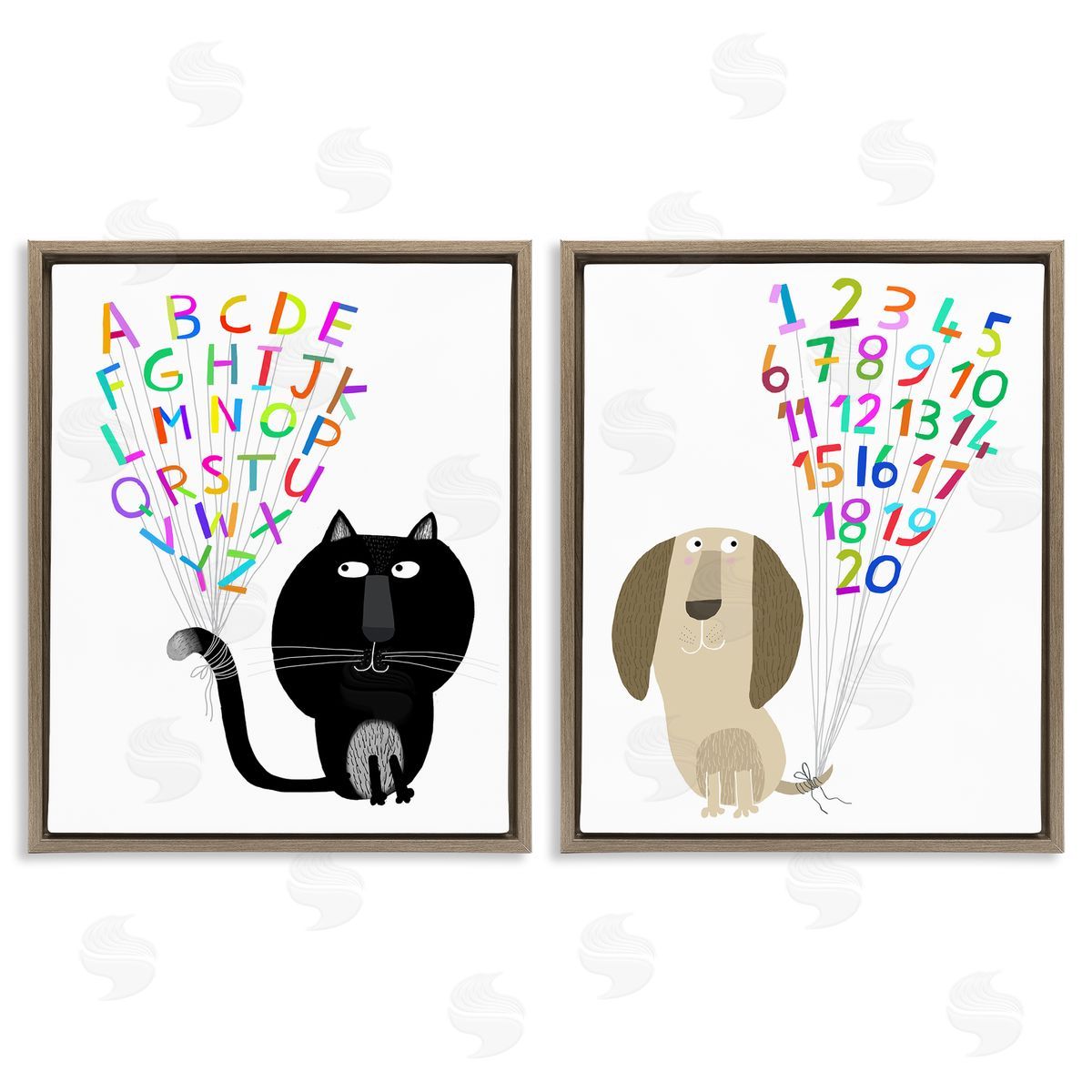 Carla Daly Cat Dog Alphabet Numbers  Brown Floating Frame Canvas Wall Art Print