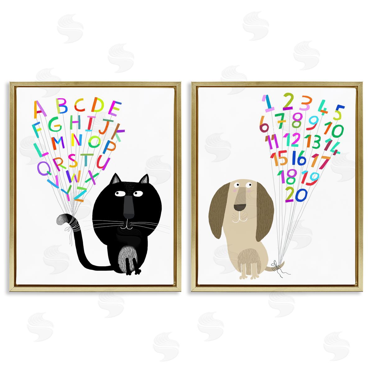 Carla Daly Cat Dog Alphabet Numbers  Gold Floating Frame Canvas Wall Art Print