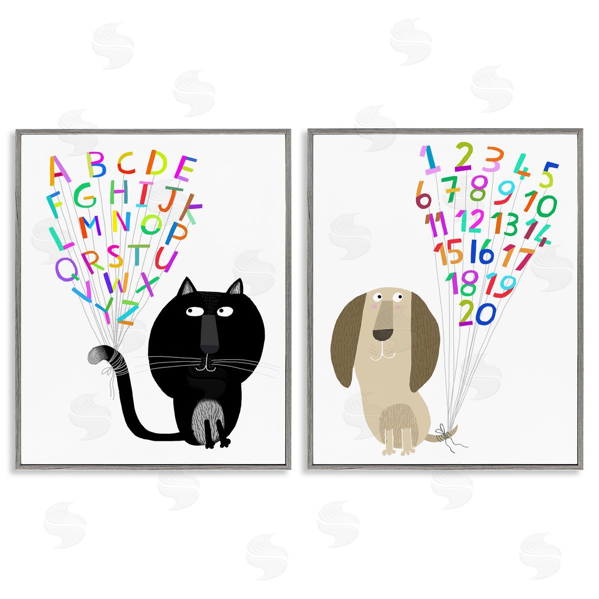 Carla Daly Cat Dog Alphabet Numbers  Gray Framed Giclee Wall Art Print