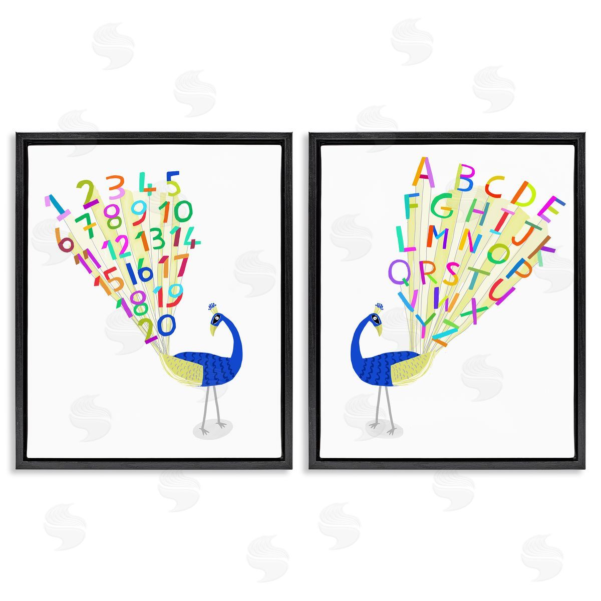 Carla Daly Peacock Alphabet Numbers  Black Floating Frame Canvas Wall Art Print