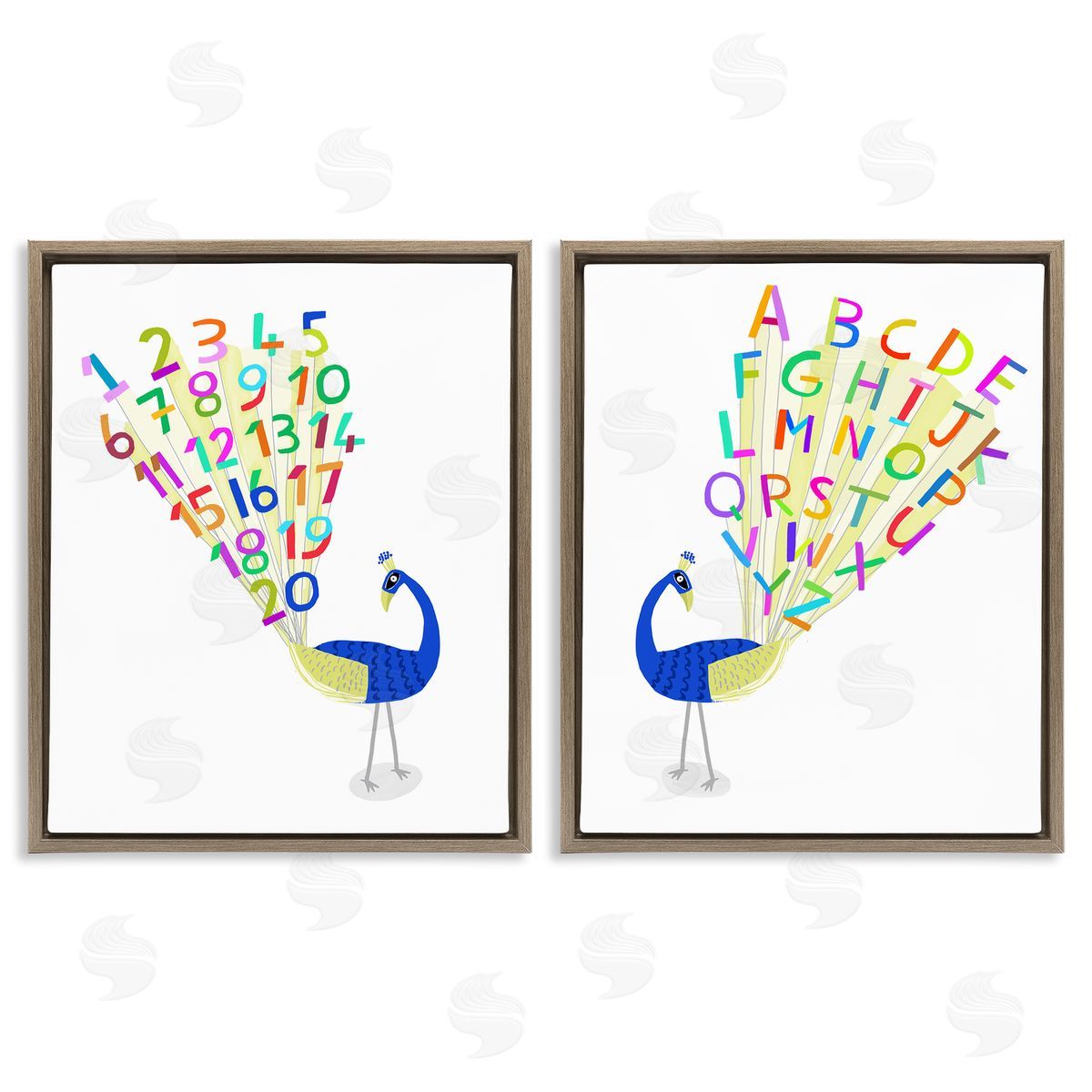 Carla Daly Peacock Alphabet Numbers  Brown Floating Frame Canvas Wall Art Print