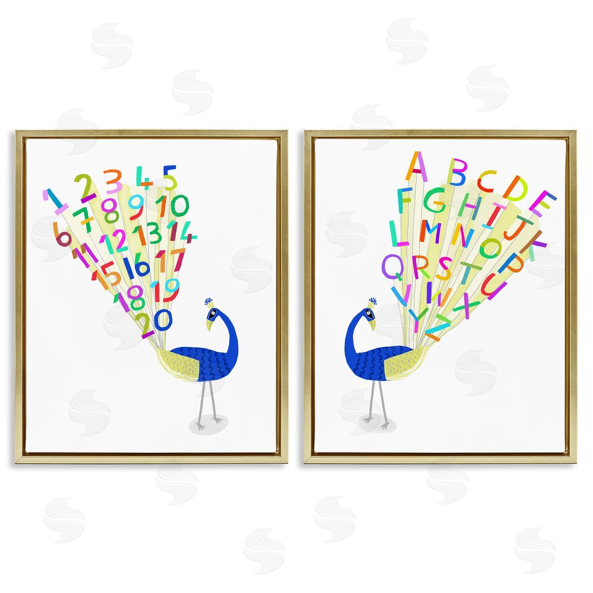 Carla Daly Peacock Alphabet Numbers  Gold Floating Frame Canvas Wall Art Print
