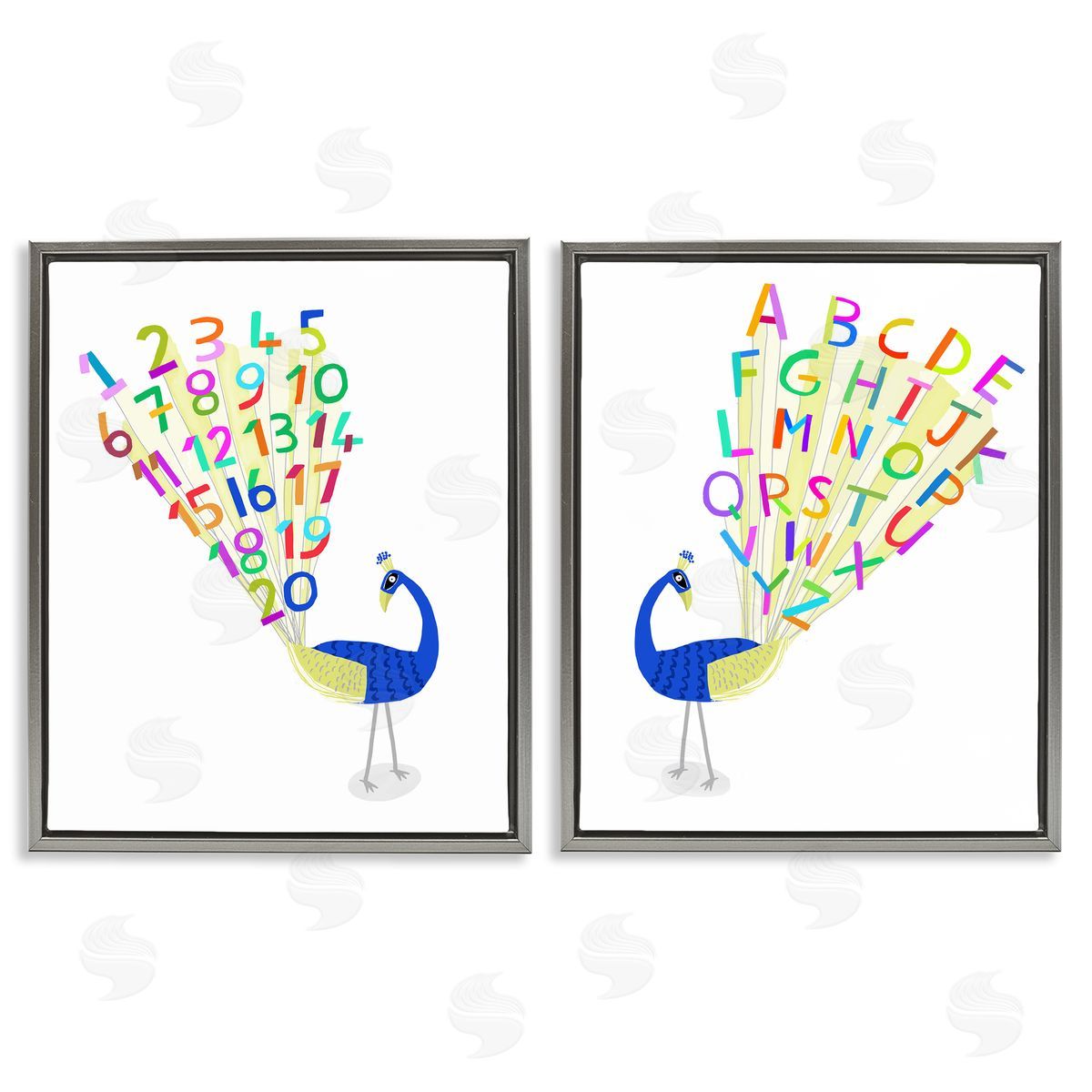Carla Daly Peacock Alphabet Numbers  Gray Floating Frame Canvas Wall Art Print