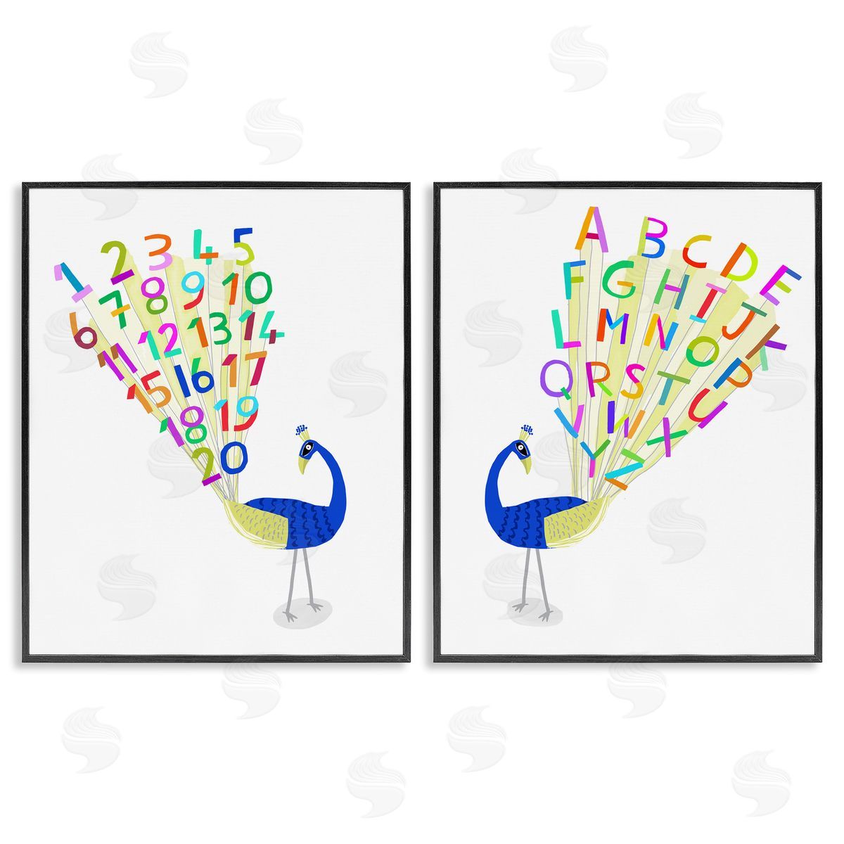 Carla Daly Peacock Alphabet Numbers  Black Framed Giclee Wall Art Print