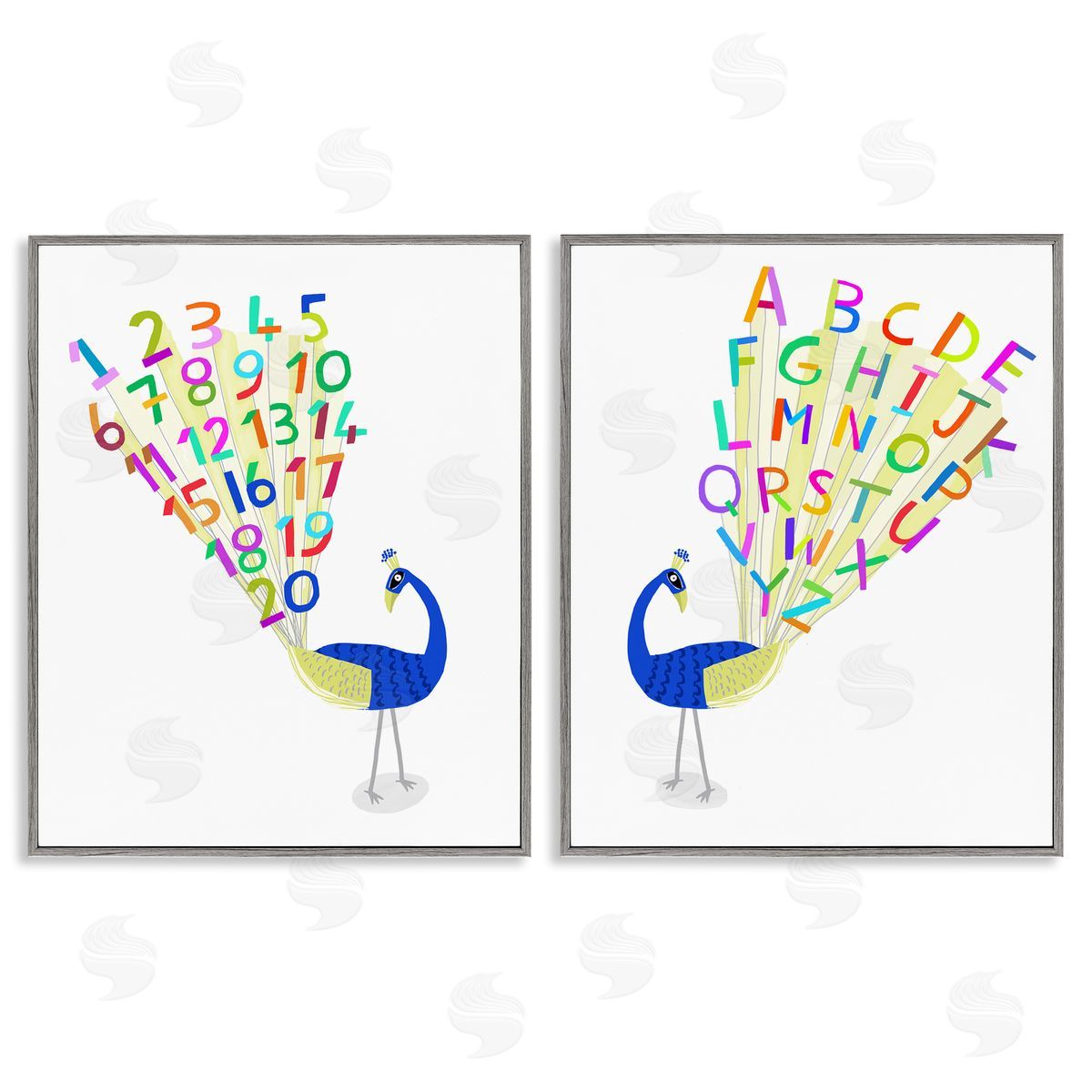 Carla Daly Peacock Alphabet Numbers  Gray Framed Giclee Wall Art Print