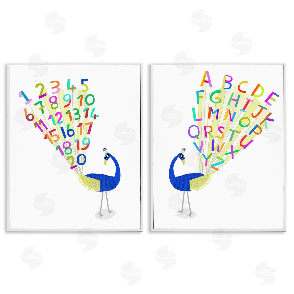 Carla Daly Peacock Alphabet Numbers  White Framed Giclee Wall Art Print