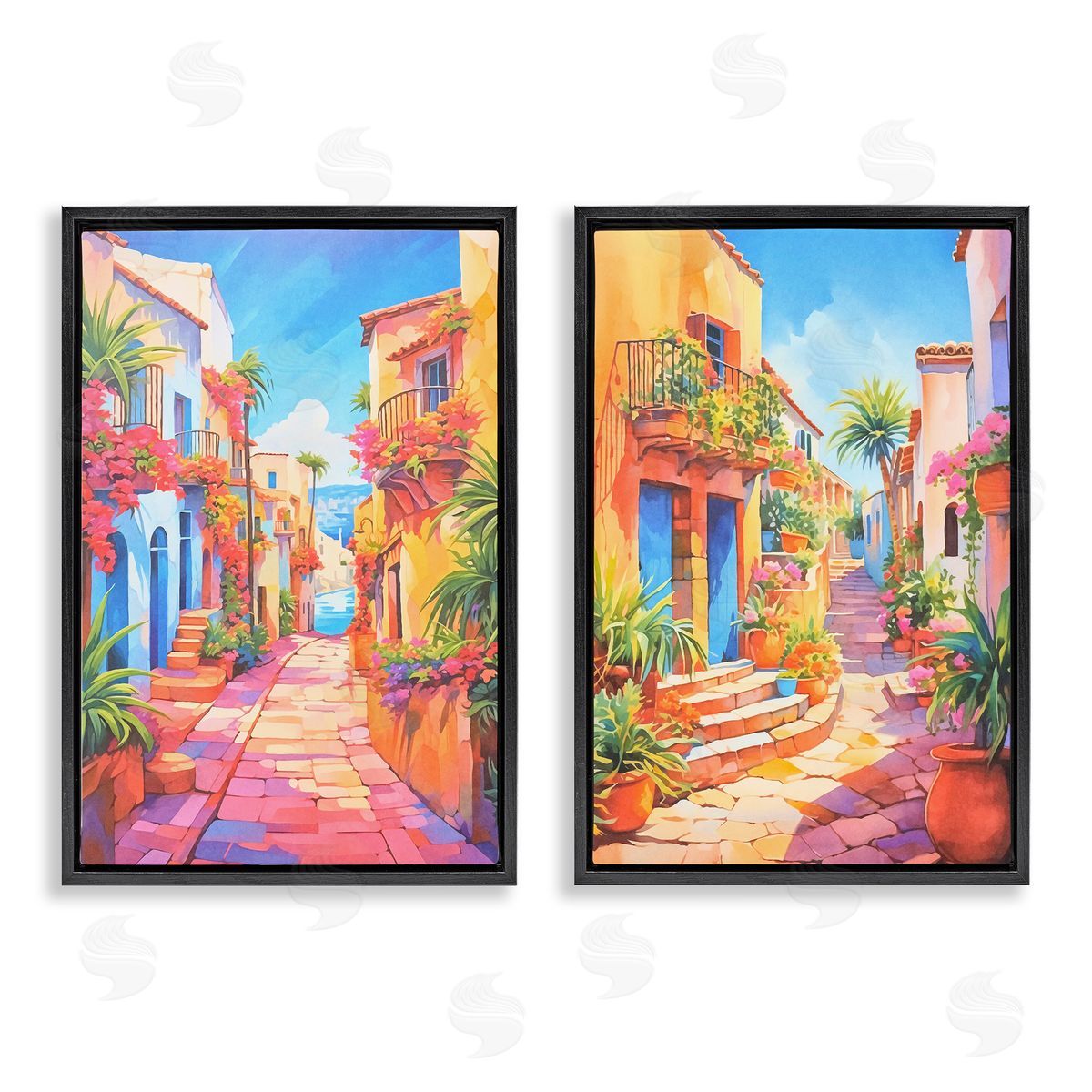 Andrea Haase Quaint Mediterranean Village Black Floating Frame Canvas Wall Art Print