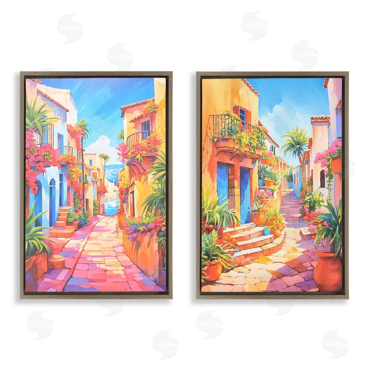 Andrea Haase Quaint Mediterranean Village Brown Floating Frame Canvas Wall Art Print
