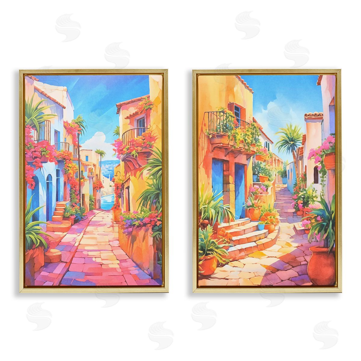 Andrea Haase Quaint Mediterranean Village Gold Floating Frame Canvas Wall Art Print