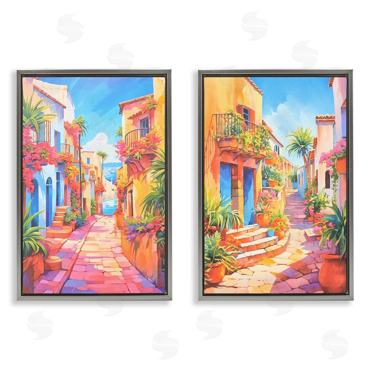 Andrea Haase Quaint Mediterranean Village Gray Floating Frame Canvas Wall Art Print