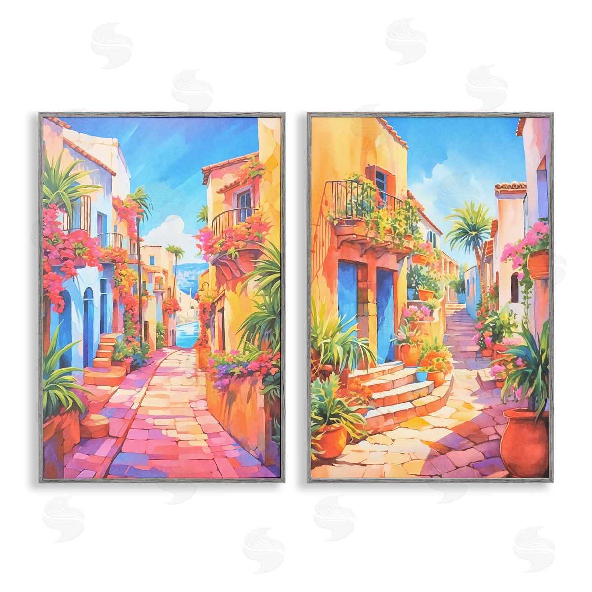 Andrea Haase Quaint Mediterranean Village Gray Framed Giclee Wall Art Print