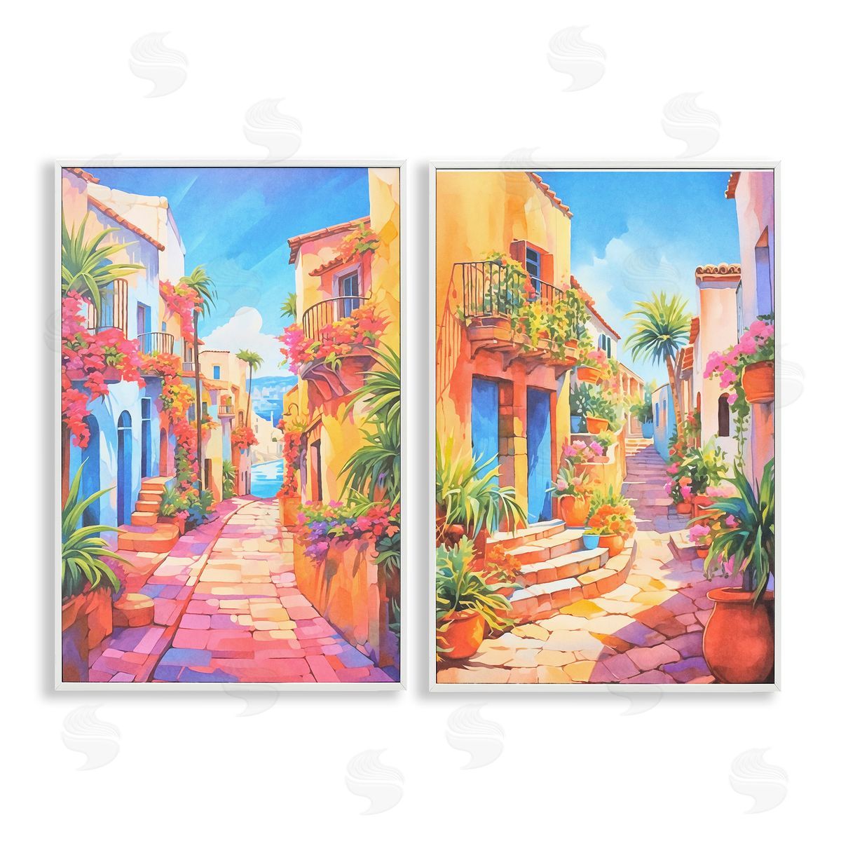 Andrea Haase Quaint Mediterranean Village White Framed Giclee Wall Art Print
