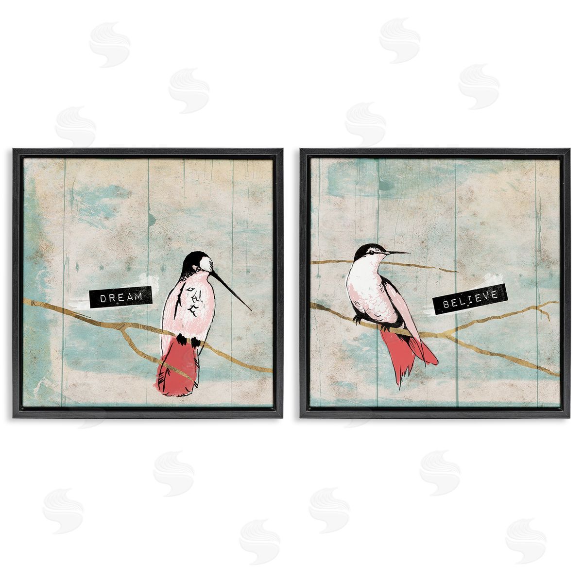 Jace Grey Dream Believe Hummingbird Branch Black Floating Frame Canvas Wall Art Print