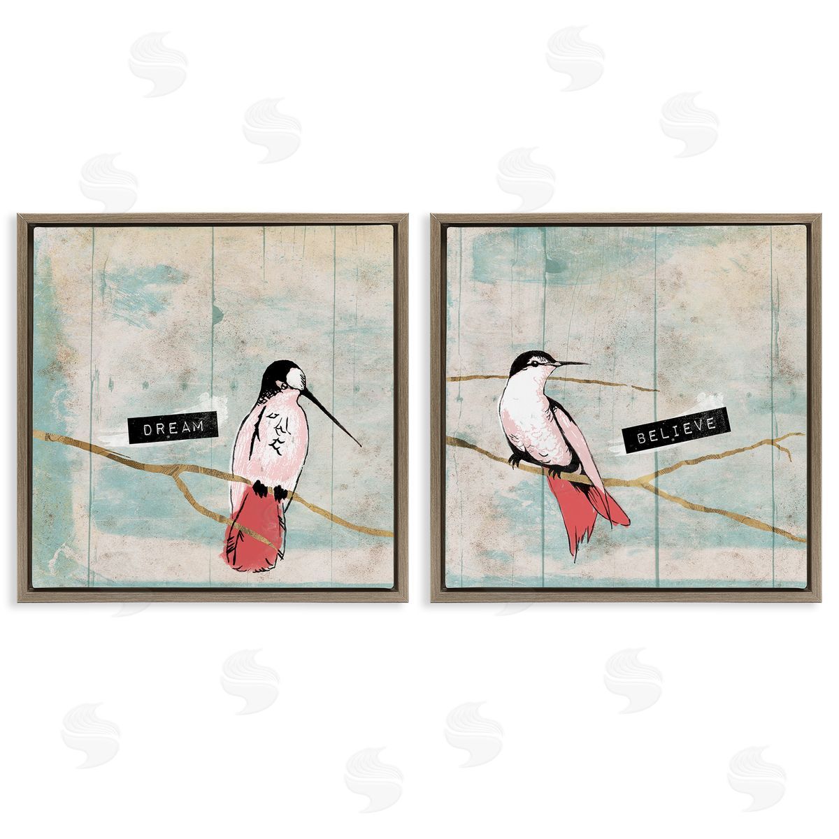 Jace Grey Dream Believe Hummingbird Branch Brown Floating Frame Canvas Wall Art Print