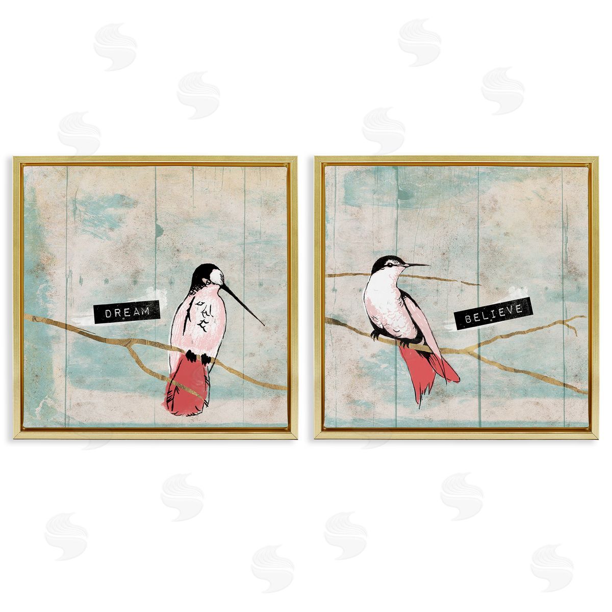 Jace Grey Dream Believe Hummingbird Branch Gold Floating Frame Canvas Wall Art Print