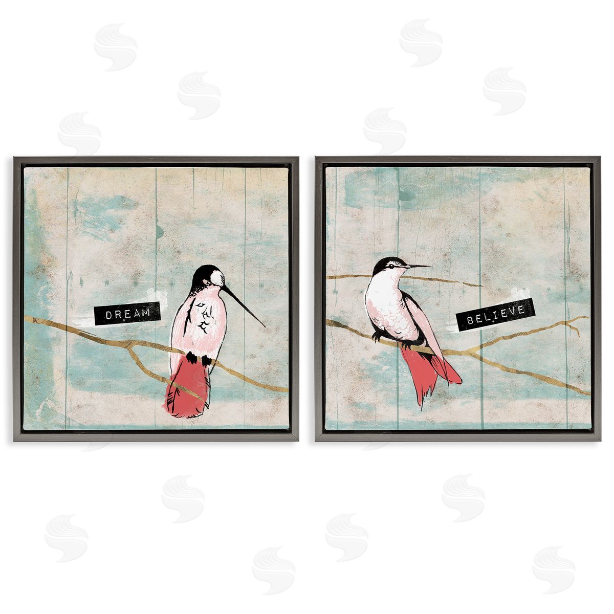 Jace Grey Dream Believe Hummingbird Branch Gray Floating Frame Canvas Wall Art Print