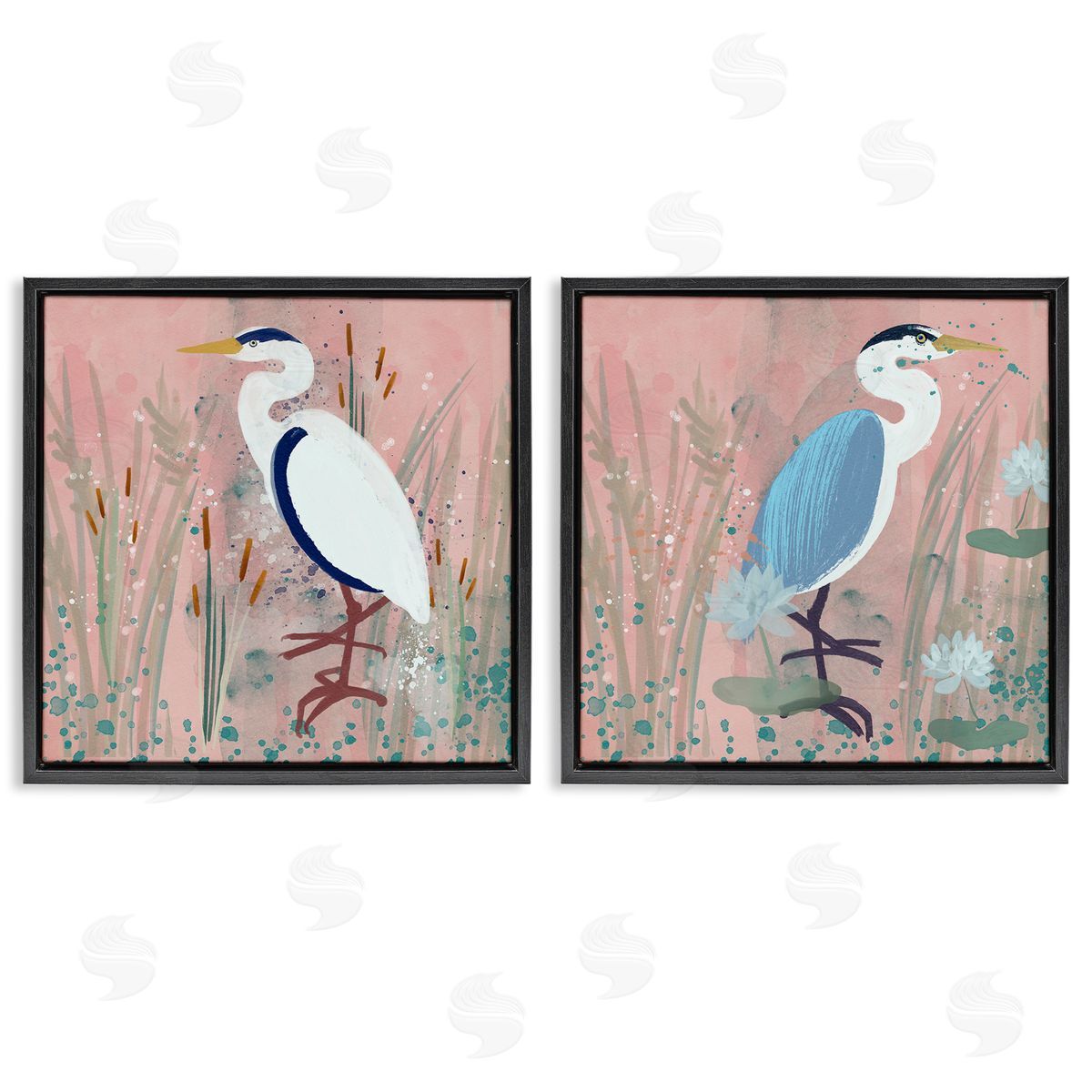 Juliet Rose Philips Blue Heron Egret Cattail Marsh Black Floating Frame Canvas Wall Art Print