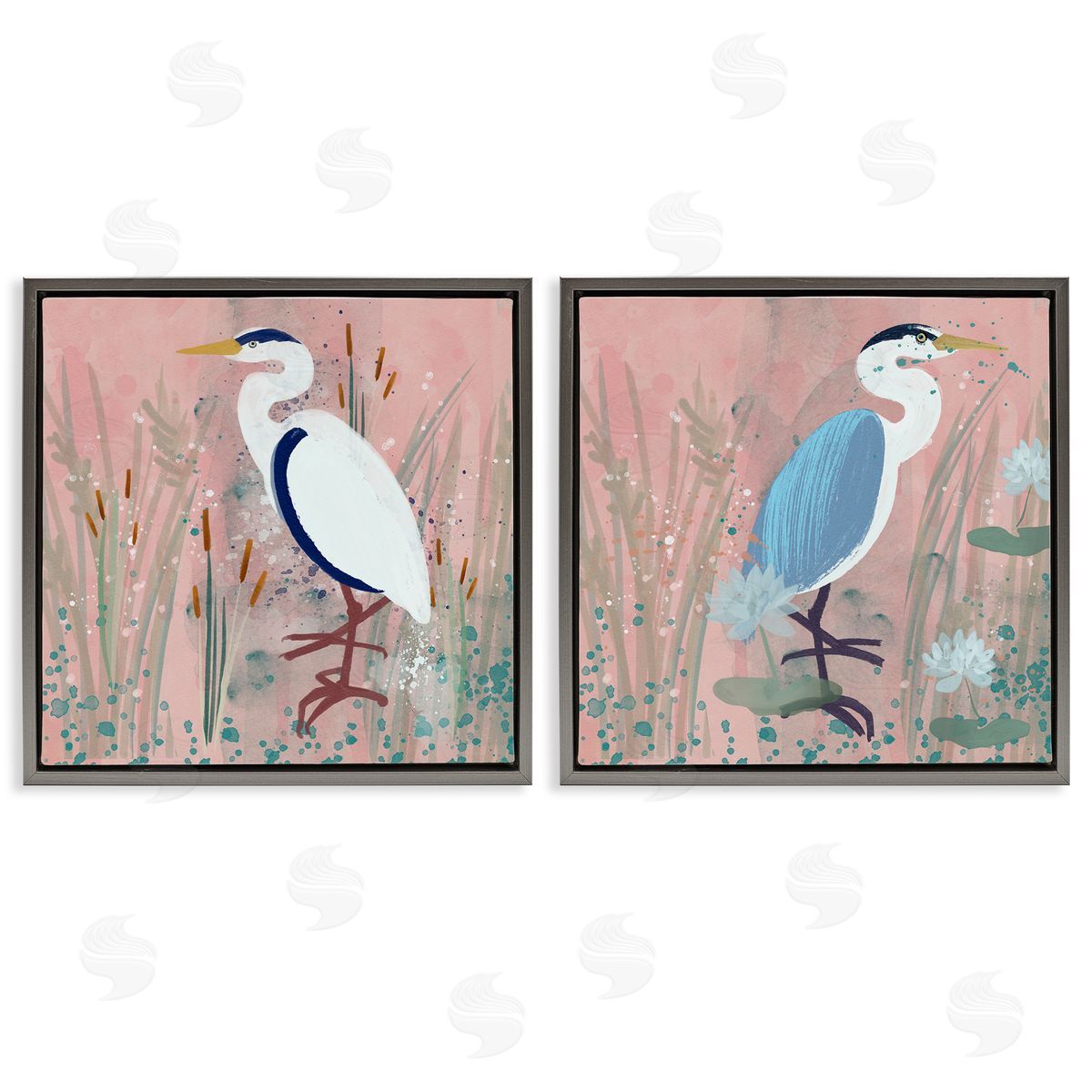 Juliet Rose Philips Blue Heron Egret Cattail Marsh Gray Floating Frame Canvas Wall Art Print