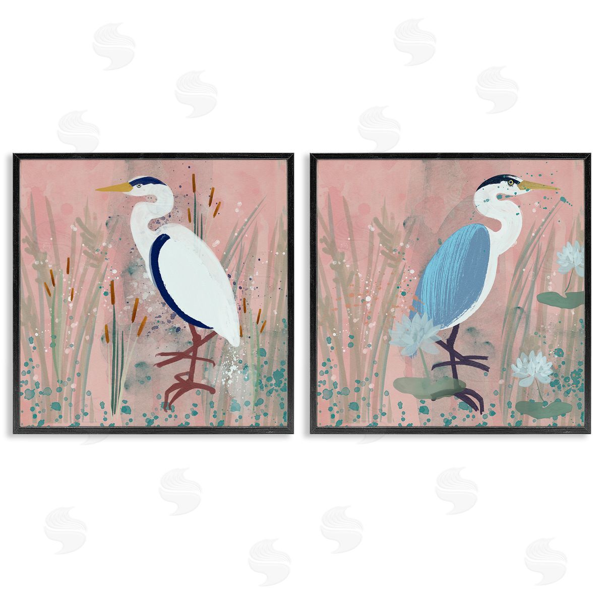 Juliet Rose Philips Blue Heron Egret Cattail Marsh Black Framed Giclee Wall Art Print