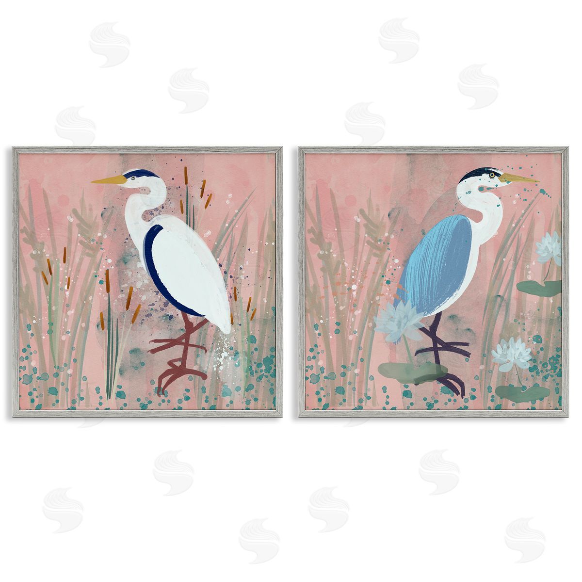 Juliet Rose Philips Blue Heron Egret Cattail Marsh Gray Framed Giclee Wall Art Print