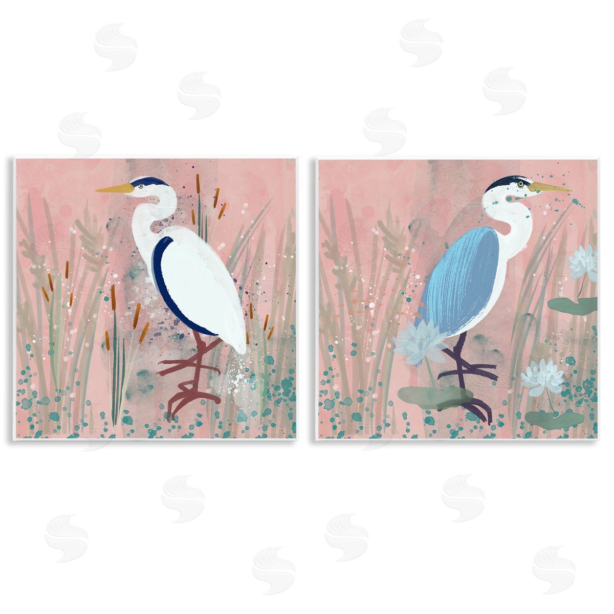 Juliet Rose Philips Blue Heron Egret Cattail Marsh Wooden Wall Plaque Art Print