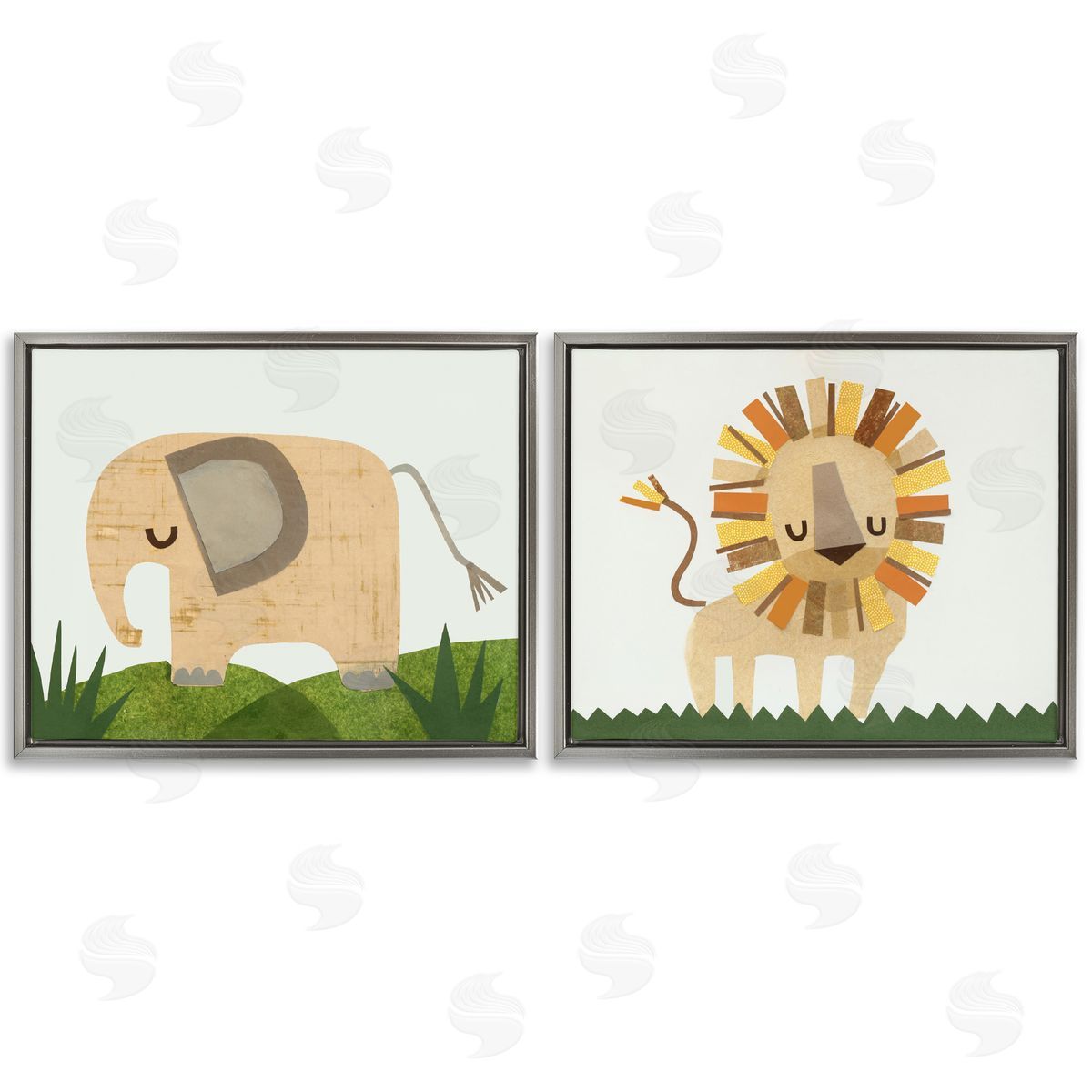 Jenny Westenhofer Adorable Cozy Elephant & Lion  Gray Floating Frame Canvas Wall Art Print