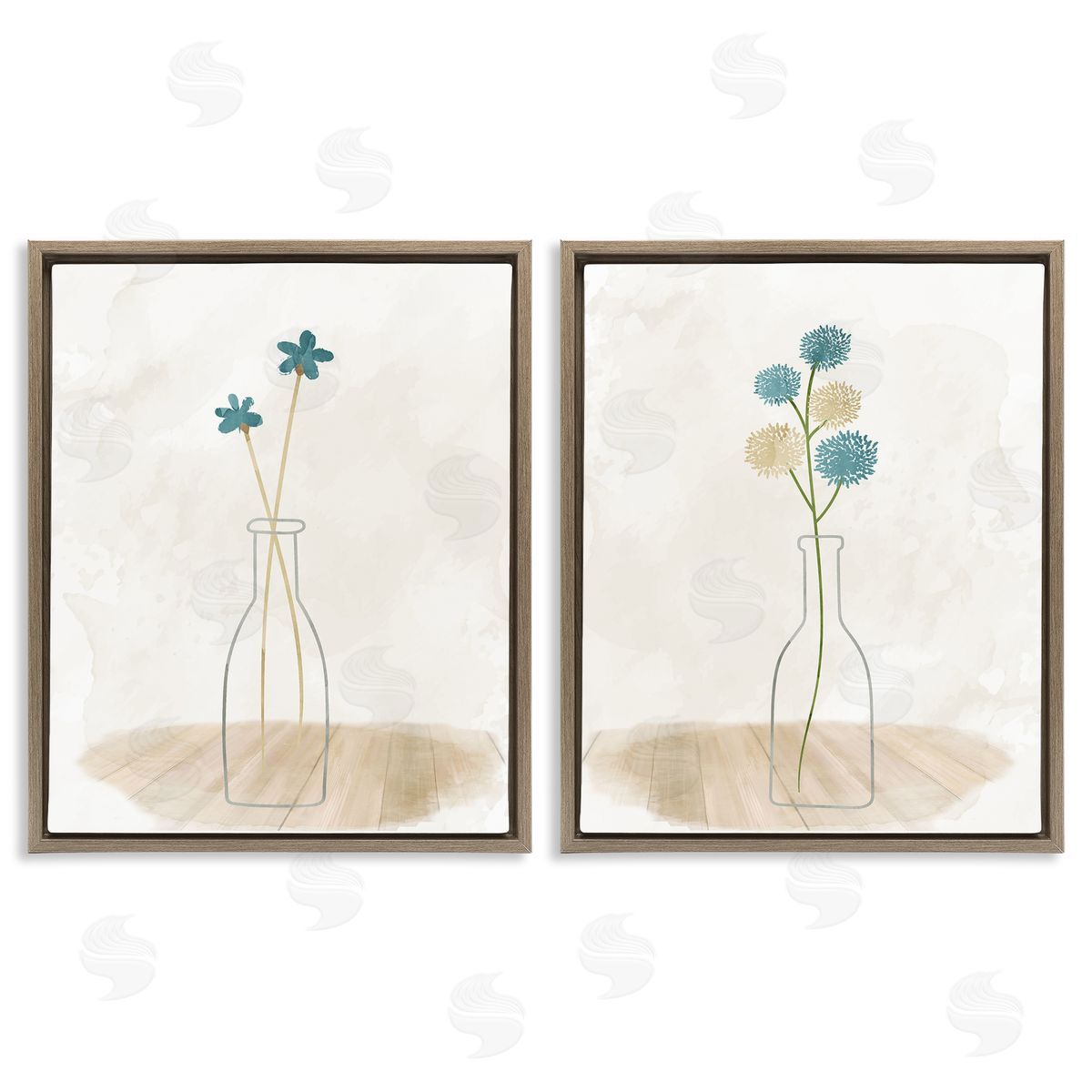 Kim Allen Simple Flower Sprigs Clear Vase Brown Floating Frame Canvas Wall Art Print