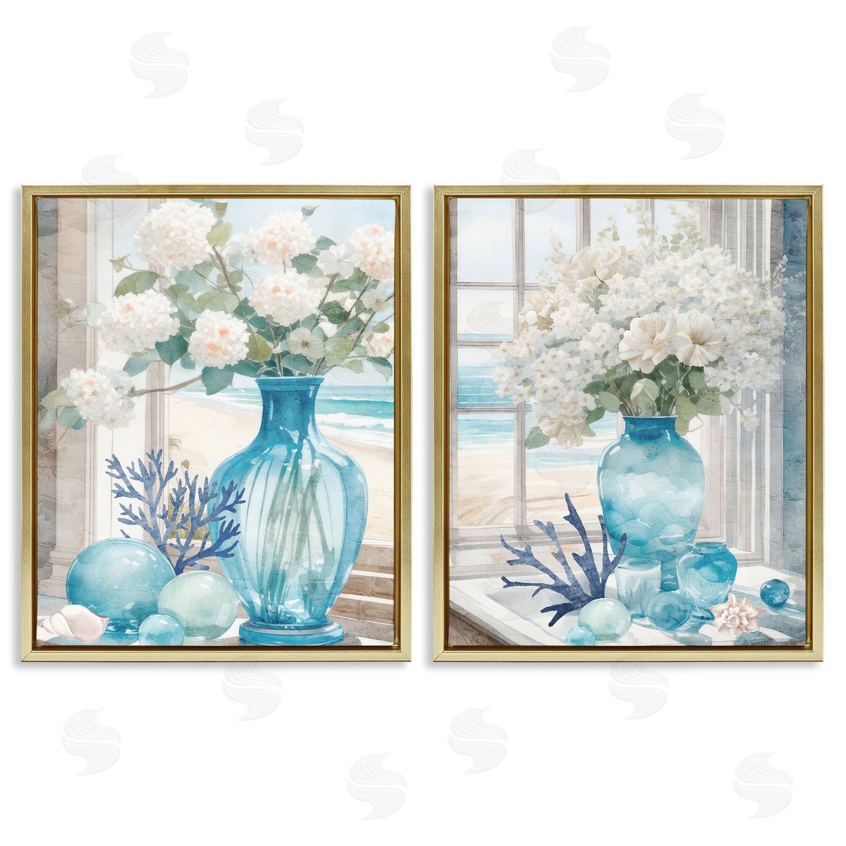 Kim Allen Sea Glass Coral Beach Bouquet Gold Floating Frame Canvas Wall Art Print