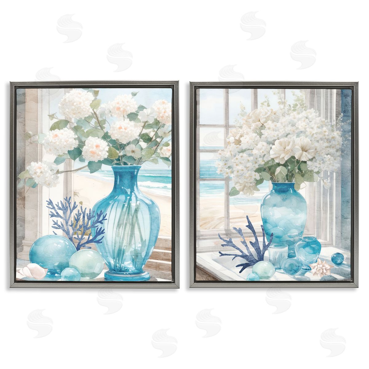 Kim Allen Sea Glass Coral Beach Bouquet Gray Floating Frame Canvas Wall Art Print