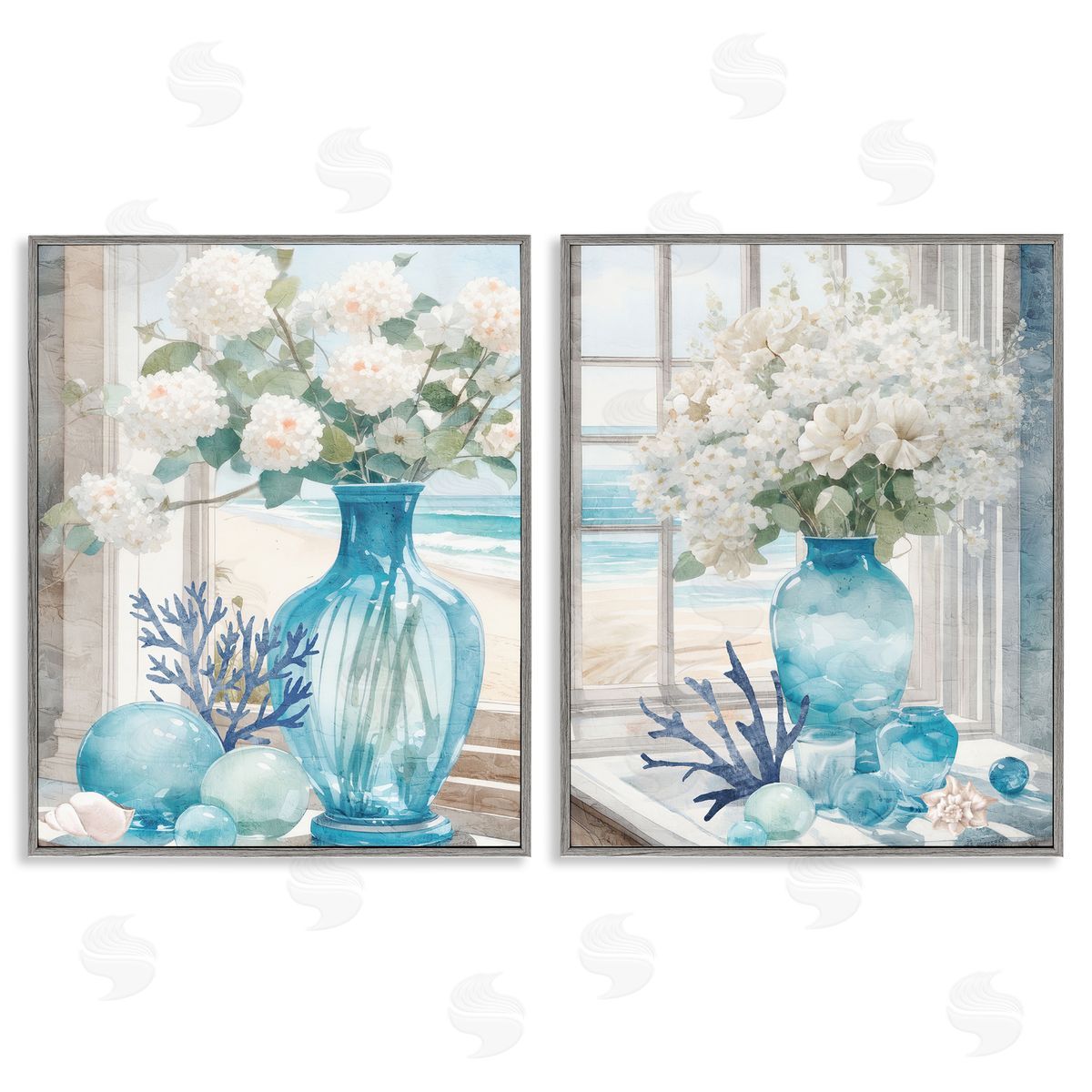 Kim Allen Sea Glass Coral Beach Bouquet Gray Framed Giclee Wall Art Print