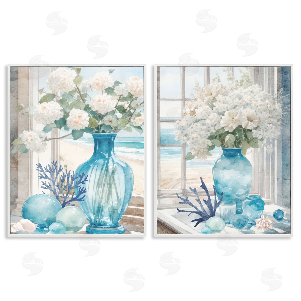 Kim Allen Sea Glass Coral Beach Bouquet White Framed Giclee Wall Art Print