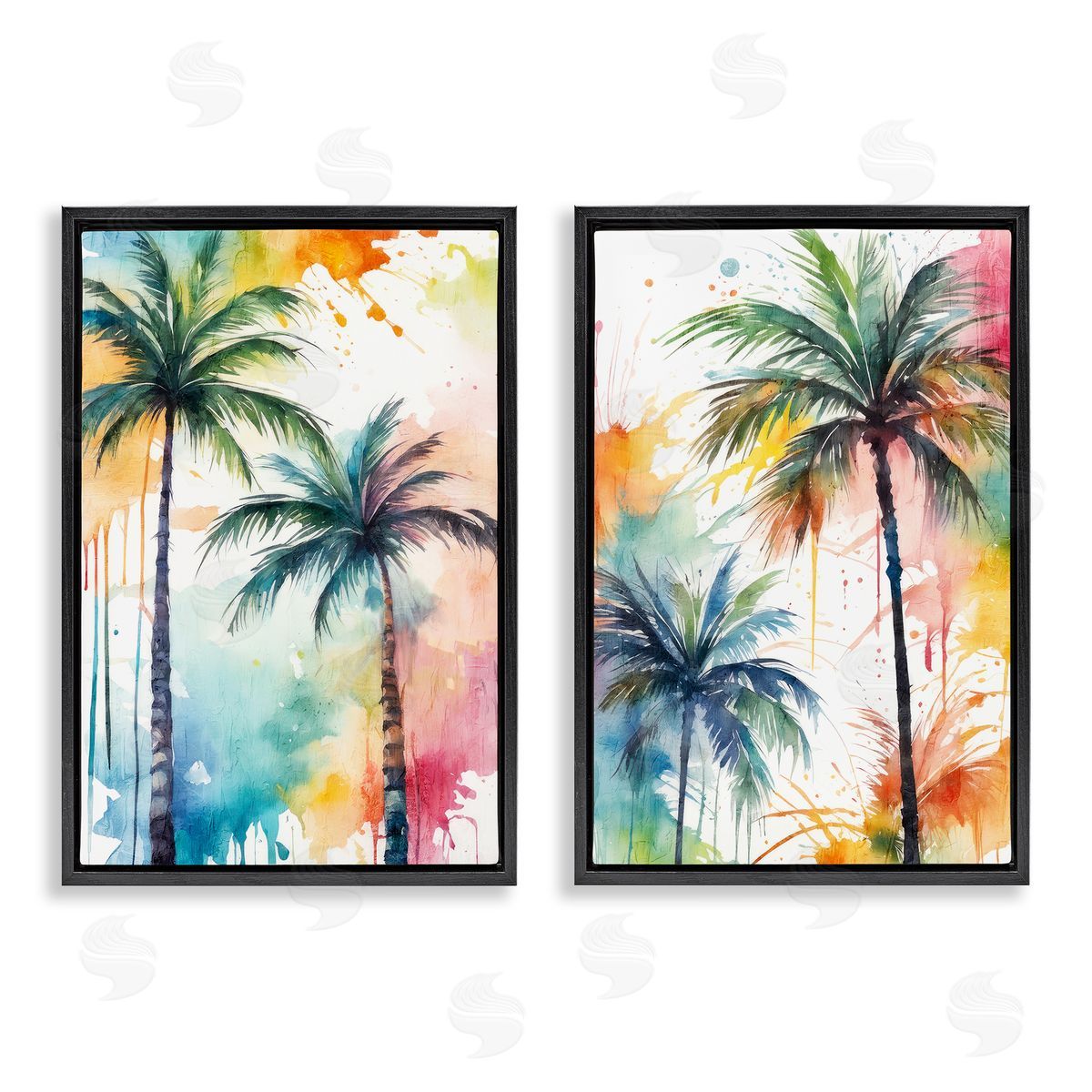 Kim Allen Watercolor Splash Towering Palms  Black Floating Frame Canvas Wall Art Print