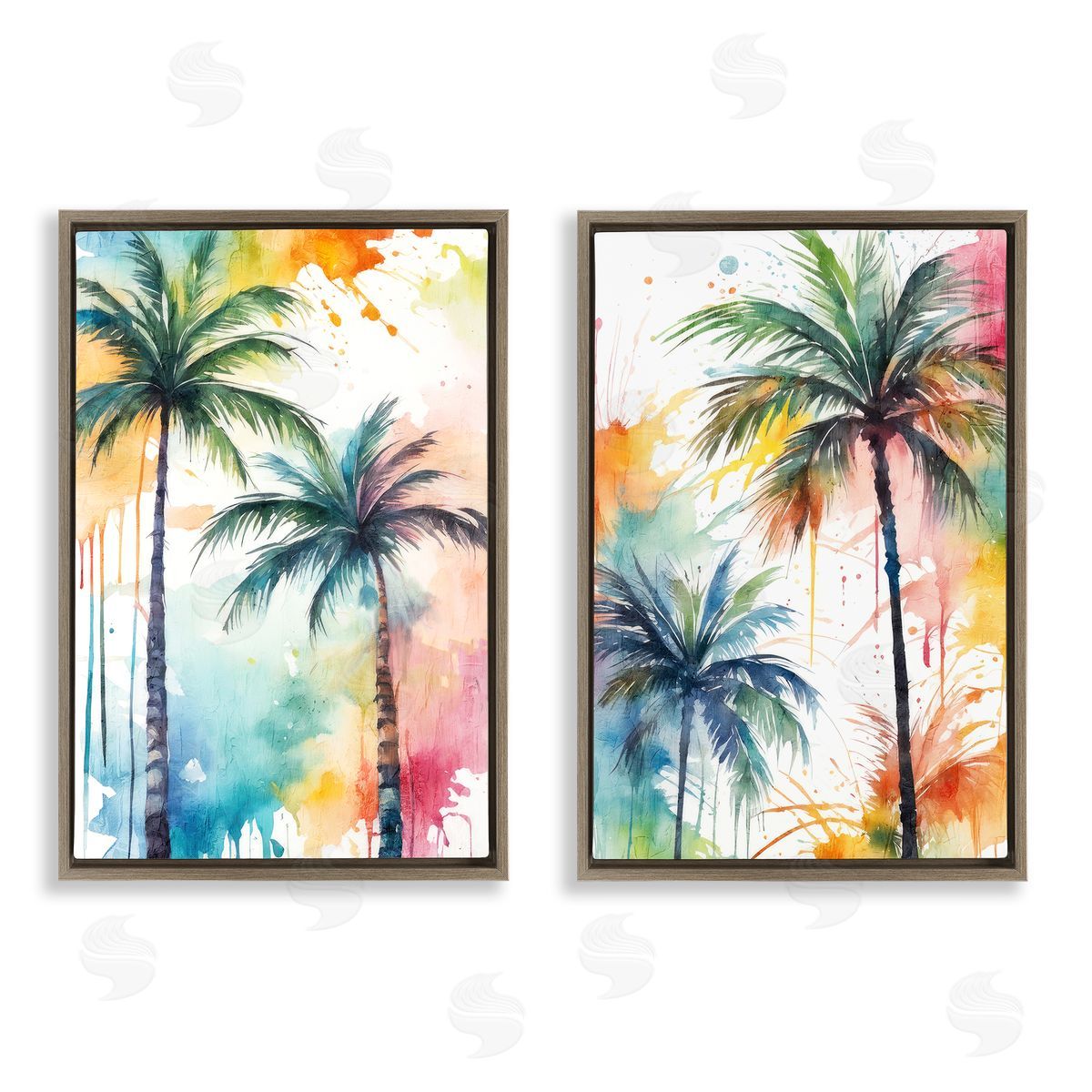 Kim Allen Watercolor Splash Towering Palms  Brown Floating Frame Canvas Wall Art Print